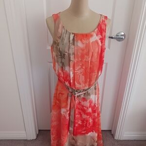 Floral Sleeveless Dress - Coral and Beige